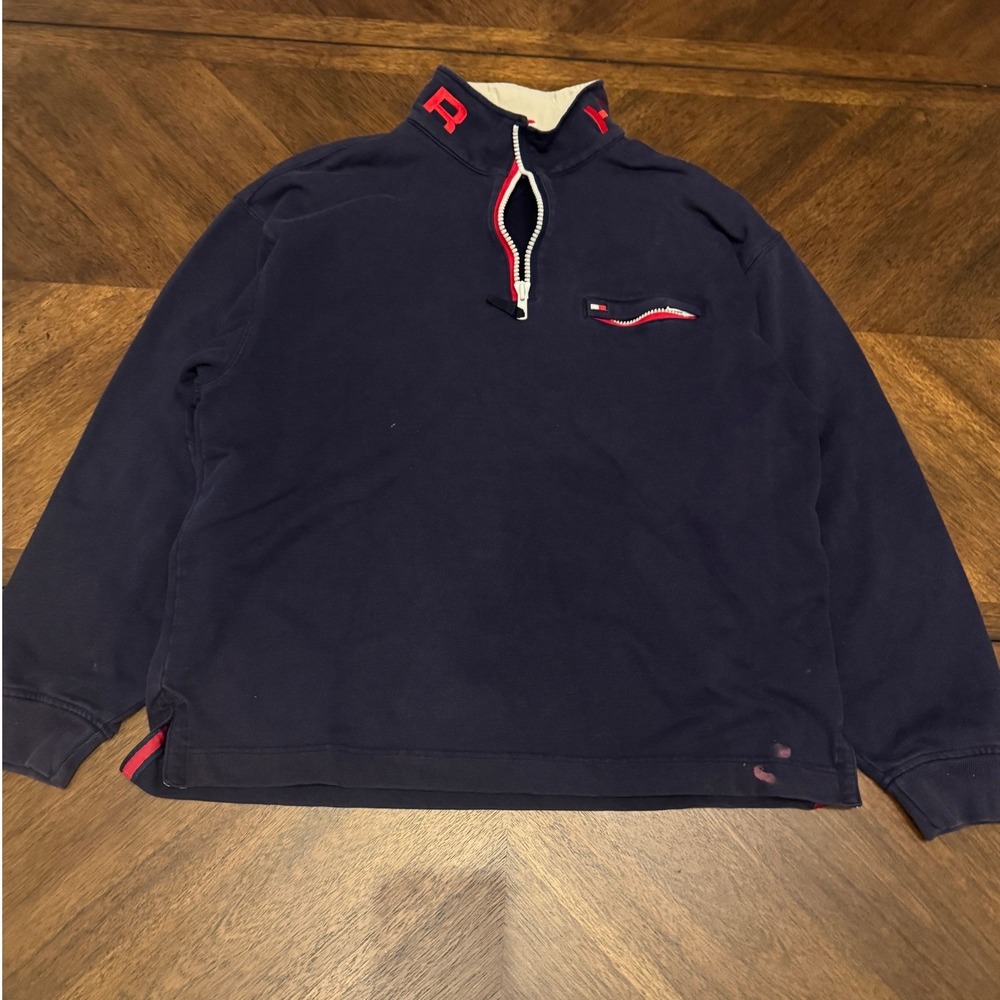 Vintage Tommy Hilfiger Quarter Zip Sweatshirt Navy Blue Logo Collar Mens Large‎
